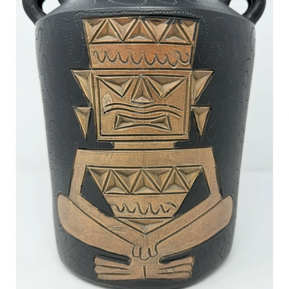 Vtg Black Pottery Vase Copper Colored Relief Tribal‎ Geometric Double Handle 11